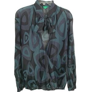 United Colors of Benetton Women Vintage Top Wrap Long Sleeve Blue Retro Size M